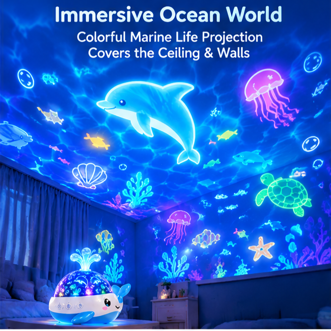 🌊🐳𝐓𝐨𝐲𝐧𝐞𝐜𝐝® Cute Whale Ocean Wave Night Light Projector for Kids – 360° Rotating Marine Life Light Projection with White Noise, Lullabies, 8 Color Modes & Auto-Off Timer