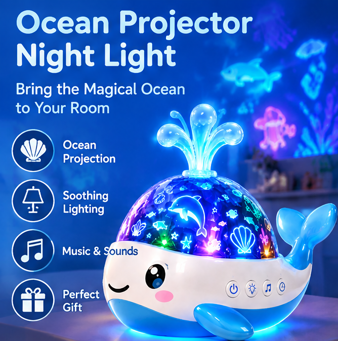 🌊🐳𝐓𝐨𝐲𝐧𝐞𝐜𝐝® Cute Whale Ocean Wave Night Light Projector for Kids – 360° Rotating Marine Life Light Projection with White Noise, Lullabies, 8 Color Modes & Auto-Off Timer