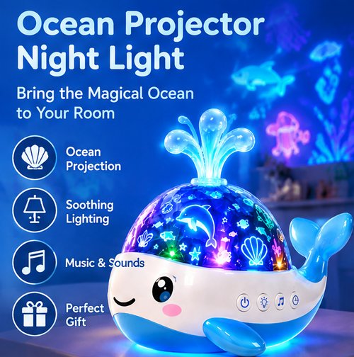🌊🐳𝐓𝐨𝐲𝐧𝐞𝐜𝐝® Cute Whale Ocean Wave Night Light Projector for Kids – 360° Rotating Marine Life Light Projection with White Noise, Lullabies, 8 Color Modes & Auto-Off Timer