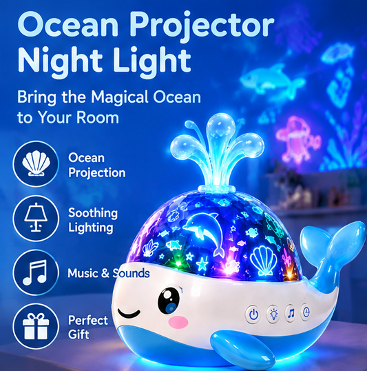 🐳 𝐓𝐨𝐲𝐧𝐞𝐜𝐝® Cute Whale Ocean Wave Projector – 360° Marine Life Light with White Noise & Lullabies