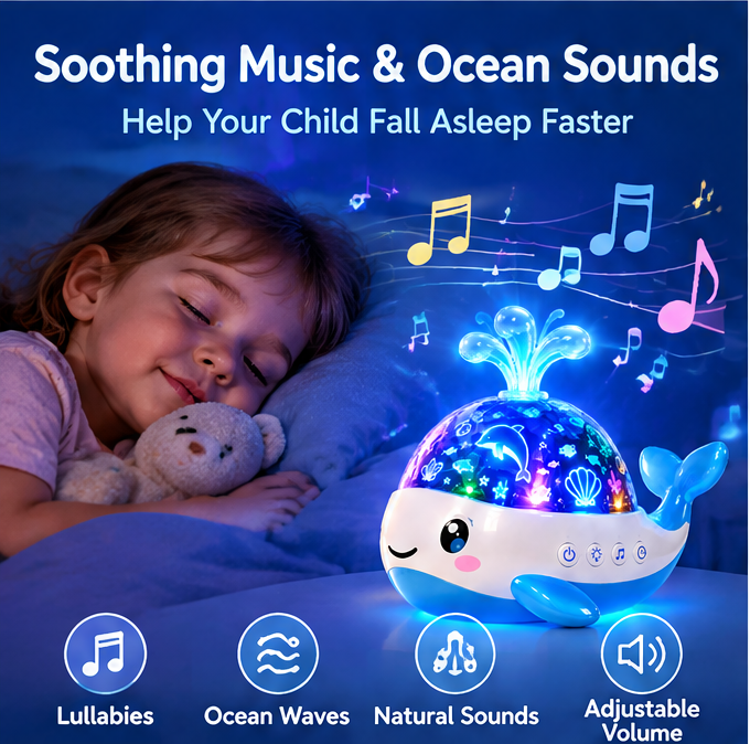 🌊🐳𝐓𝐨𝐲𝐧𝐞𝐜𝐝® Cute Whale Ocean Wave Night Light Projector for Kids – 360° Rotating Marine Life Light Projection with White Noise, Lullabies, 8 Color Modes & Auto-Off Timer